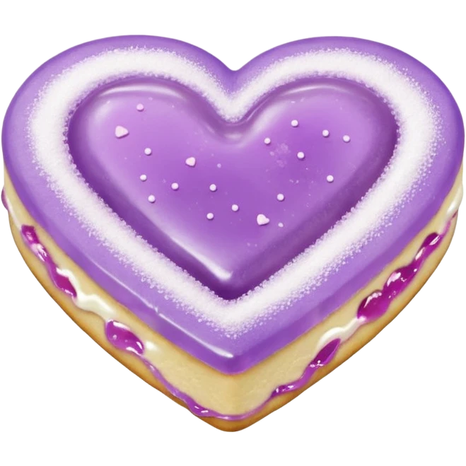 Realistic shortbread cookie in the shape of a heart with pale lilac color jelly middle filling and sprinkled powder sugar on top. emoji