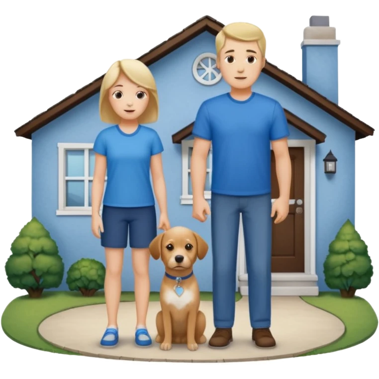 a mom and dad standing in front of a house with their son and a dog next to them (1 dog) and 1 SON not daughter the son should be very short emoji