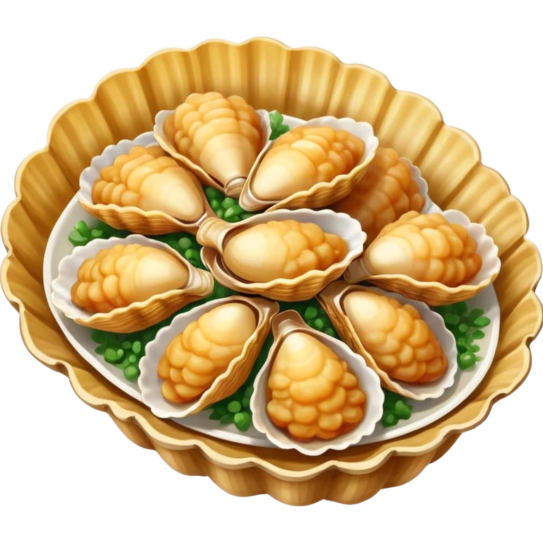 Qingdao fried clams in shell with garlic, simplified emoji style with bold outlines and bright colors, cartoon style Shandong seafood specialty emoji