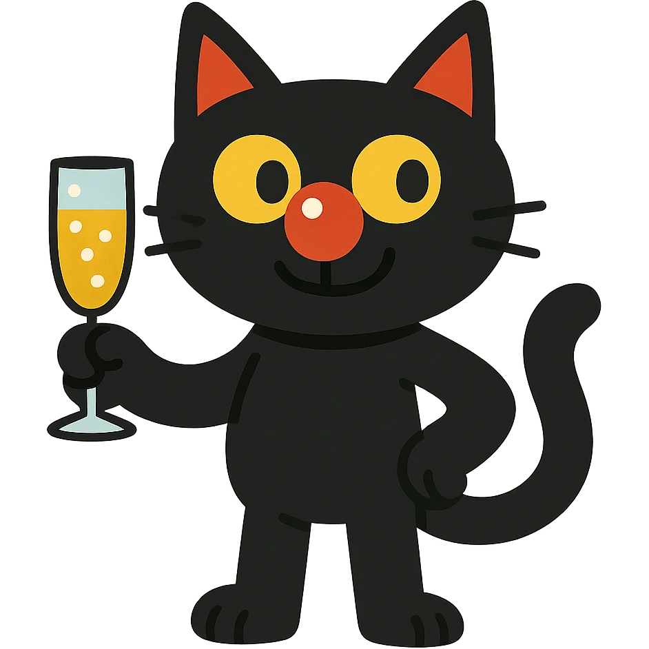 black cat with a clown nose and champagne glass, cartoonish and fun emoji