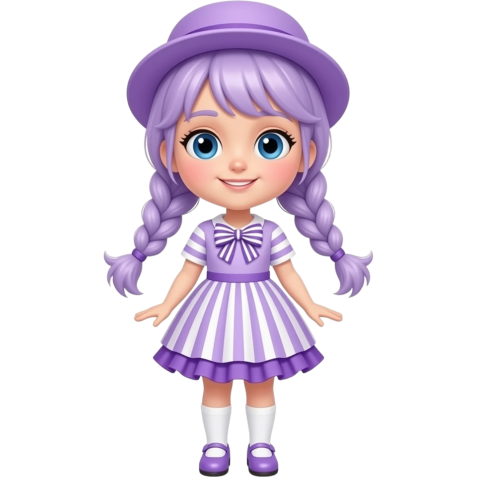 A girl with pale purple hair tied in two braids, and blue eyes and wearing a pale purple dress with pale purple and white striped short sleeves, a pale purple and white striped skirt with a pale purple frill, a pale purple and white striped bow, a pale purple hat, white socks and pale purple shoes. emoji