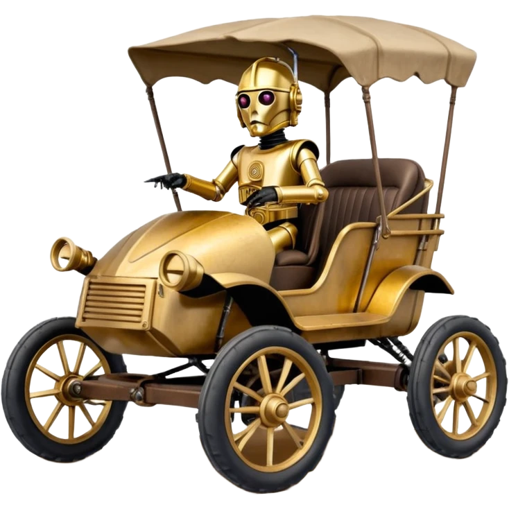 Old American West tarnished underglow C-3PO bounty hunter 1854 delicately ornate rosegold accents painted dune buggy buckboard wagon powered by electric motors and batteries with safety and belts flying rapidly roughening terrain stable on strong agile advanced cantilever suspension and steering emoji