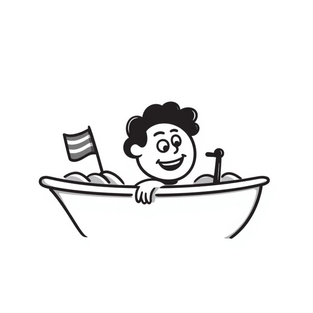 A hand-drawn bath toy boat with a silly grinning face and little flag emoji