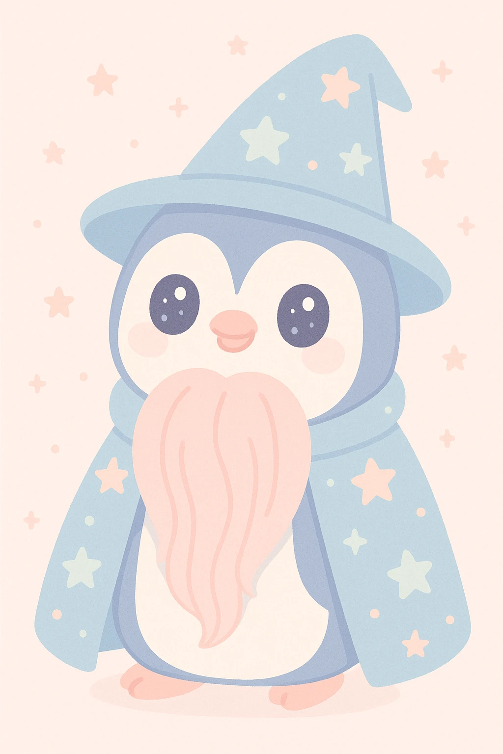 penguin wizard with a long beard and starry cloak, mystical and charming, cute style emoji