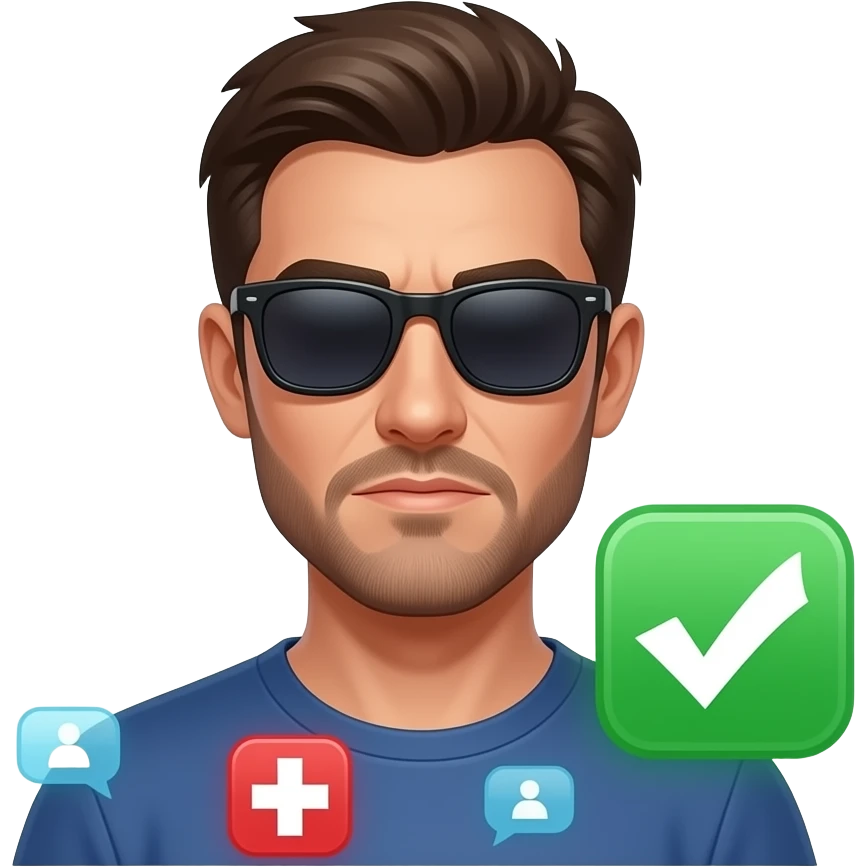 A informal man, with sunglasses, glowing digital, chat, peoples, symbols on the around, a floating Facebook logo on the left shoulder, looking at viewer with serious. Text on below: 'What's your topic, lady?'. Shimmering red cross and green check icons, white background emoji