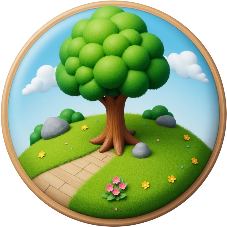 round logo of a tree with grass, skeuomorphic style, glossy, detailed, dimensional, pre-2010 icon style emoji
