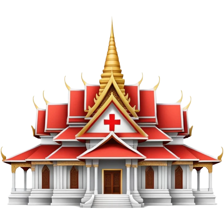 Traditional Thai hospital with pointed roof architecture, red cross symbol, ornate details, with traditional Thai architectural elements emoji