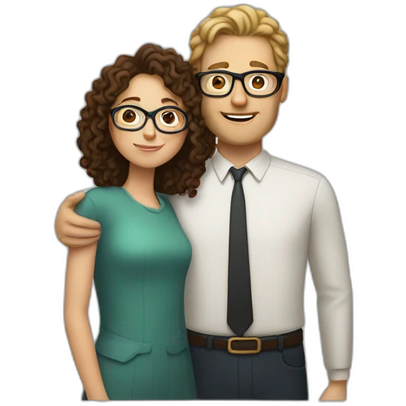 tall white man with curly dark hair hugging white woman with glasses and straight brown hair emoji
