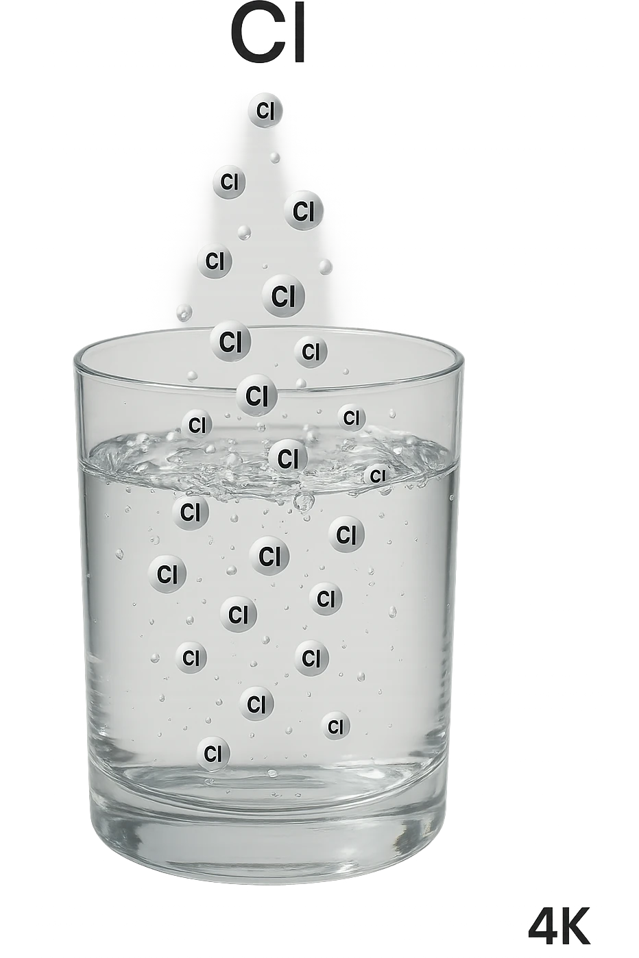un bicchiere di acqua fluttua in aria realistico e dettagliato, dentro l'acqua del bicchiere ci sono particelle di cloro ben visibili con la scritta "Cl" sopra, ci sono particelle anche che escono dal bicchiere e fluttuan
o in aria verticalmente, mentre alcune sono all'interno dell'acqua nel bicchiere, iperrealistico 4k emoji