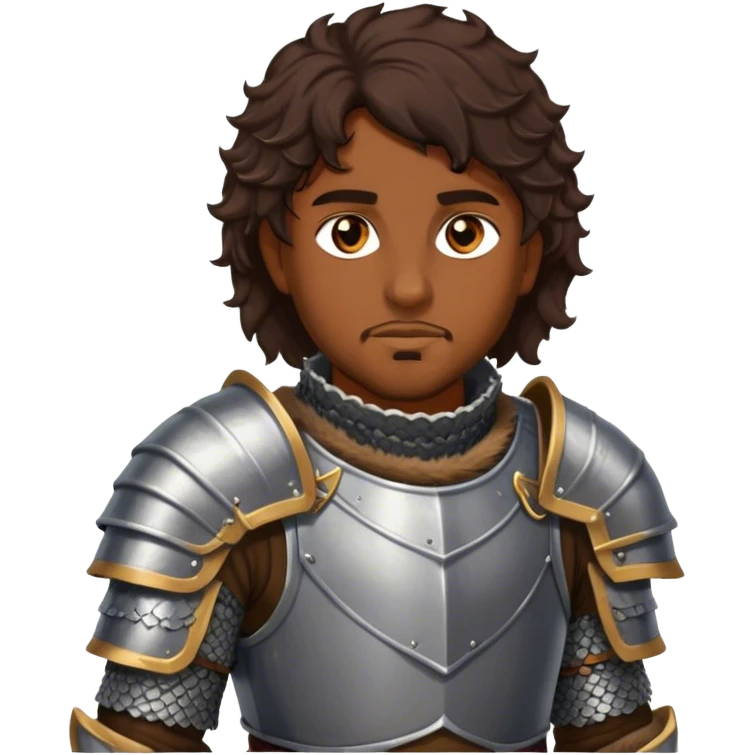 medieval battle armor worn by a DnD themed fantasy character. basic brigandine vest over chainmail with a fur-lined collar. armor only above the waist. The armor full waist. The character's haven't arms. character is dark brown hair amber eyes short wavy hair brown-skinned man. emoji