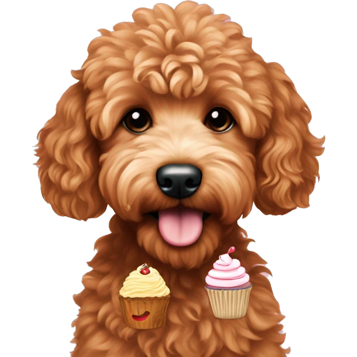 Red mini goldendoodle with a cupcake emoji
