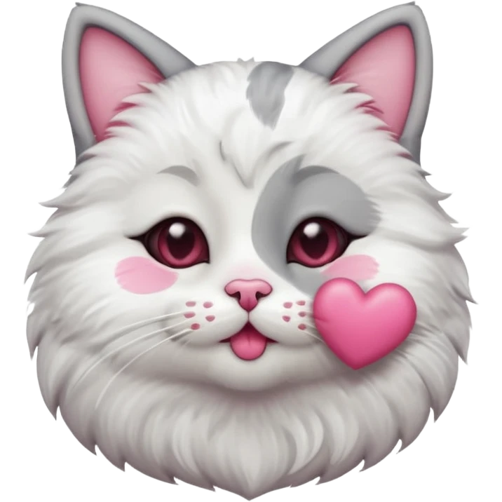 A cute circular cat blowing a smooch kiss with heart and little bite on the lower lip emoji