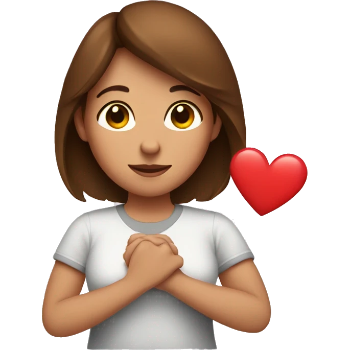 A woman with brown hair showing a heart with her hands  emoji