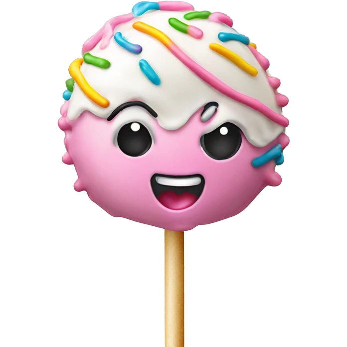 Cake pop with pink icing and rainbow sprinkles and white drizzle  emoji
