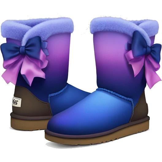 Realistic pair of dark blue to dark purple ombre fur Ugg boots with silk ribbon bows. emoji