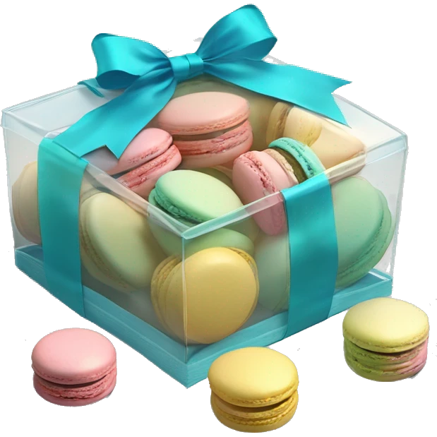 Realistic transparent plastic box with a tiffand blue ribbon and bow around the box and pastel macarons inside of it. emoji