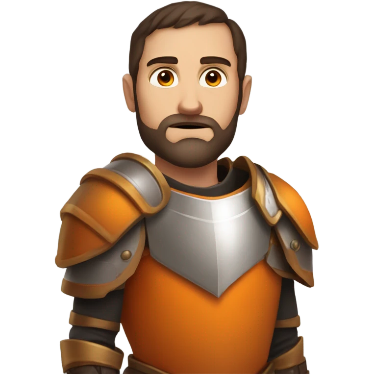 Confident White Man with dark brown hair and a short beard wearing large orange plate armor and eyes made out of orange light emoji