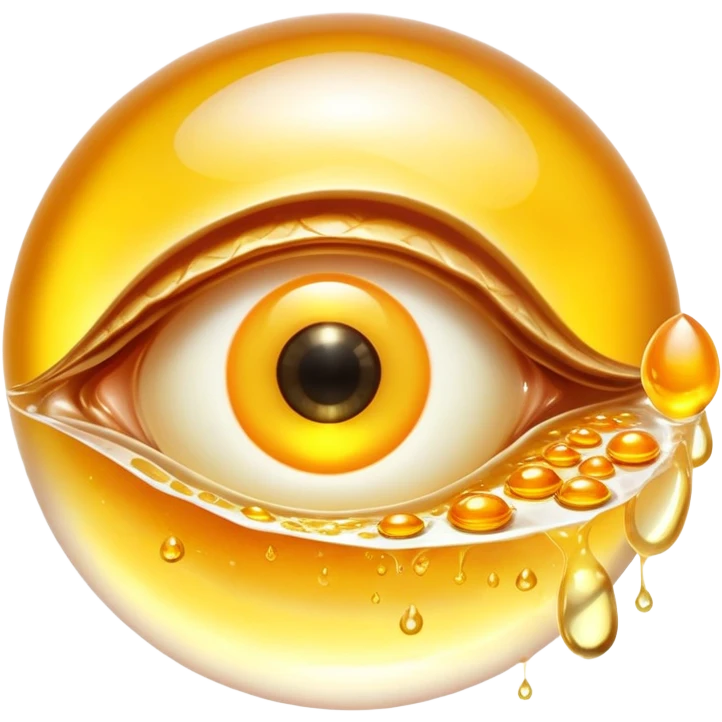 Glowing liver, bright egg yolks, and cod liver oil floating around an ethereal eye that emits golden light. The foods radiate warm amber rays representing vitamin A (retinol) content and its benefits for vision and skin health. emoji