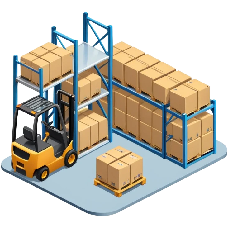 Isometric warehouse with forklift and storage racks inside, large cargo door emoji