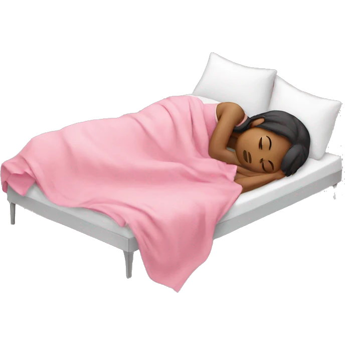 A girl sleeping on a bed under a pink blanket  emoji