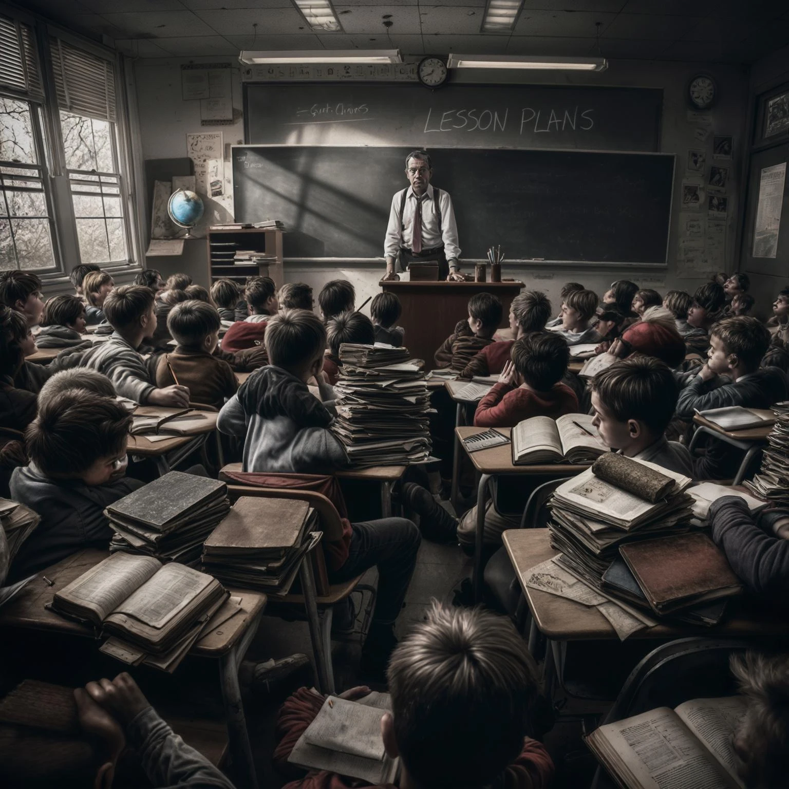 exhausted teacher in a bustling classroom emoji