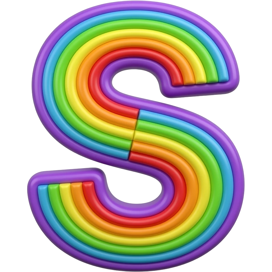 name "S" in purple yellow lime green 3D style typography lettering, each color of the rainbow as a border outlined around each letter, isolated, 3d rendering, no emoji icons no emoji faces and must have no human figures emoji