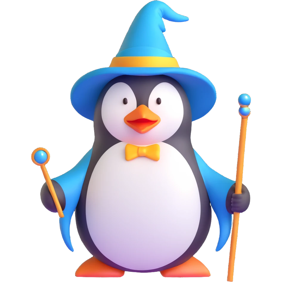 penguin wearing a wizard hat and holding a magic wand emoji
