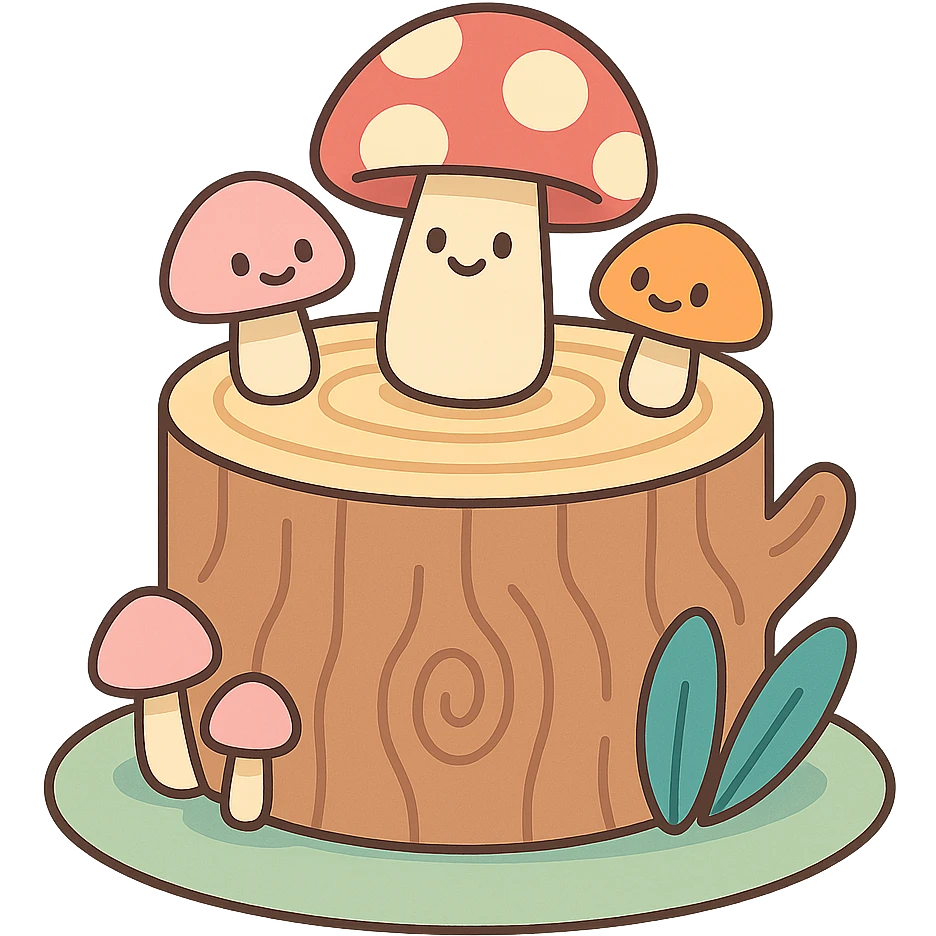 tree stump cake topped with mushrooms, forest dessert concept, pastel colors, pastel-toon style emoji