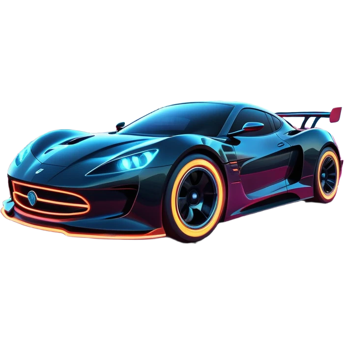 An icon showing a sleek car speeding through a neon-lit cityscape, inspired by Need for Speed. The design features dynamic motion lines, glowing tires, and a vibrant city backdrop with skyscrapers and lights. The rush of high-speed racing is highlighted. Transparent background. emoji