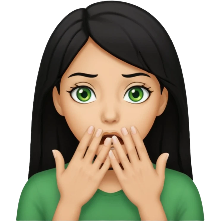 A realistic half-length portrait of a frightened woman with hands to her mouth, black hair and green eyes emoji