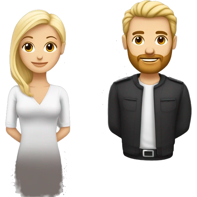 un couple d'un homme et d'une femme. des amoureux. la femme est blanche, très jolie avec les cheveux blonds. l'homme est beau, plus grand qu'elle, avec les cheveux noirs et cout, il a une legere barbe. emoji