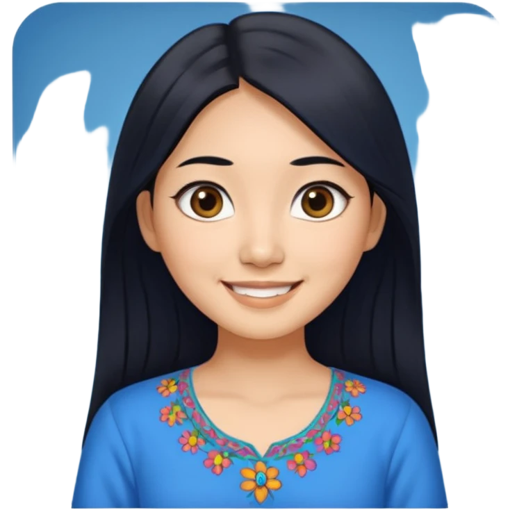 30 yr old asian woman center parted hair big eyes big smile tanned skin straight black hair hippie part hair blue blouse emoji