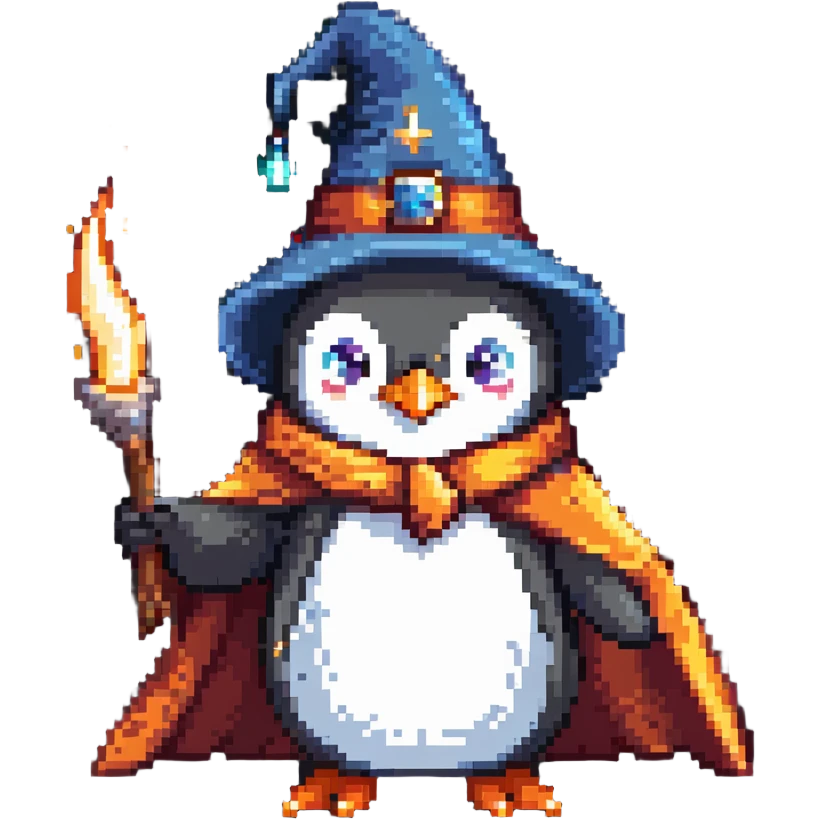 A penguin wearing a wizard hat and robe, casting a spell emoji