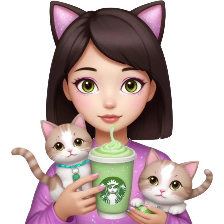 asian girl with short dark brown hair and dark brown eyes with a soft girl pink glowup aesthetic, matcha latte, 2 light brownragdoll cats, and sparkles, makeup, and money. more sparkles emoji