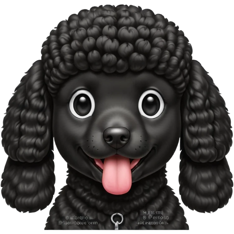 A high-resolution square-format digital illustration of a black poodle in a clean, semi-realistic style. The poodle is shown from the chest up, facing forward with a slight tilt of the head to the left, tongue out playfully. emoji
