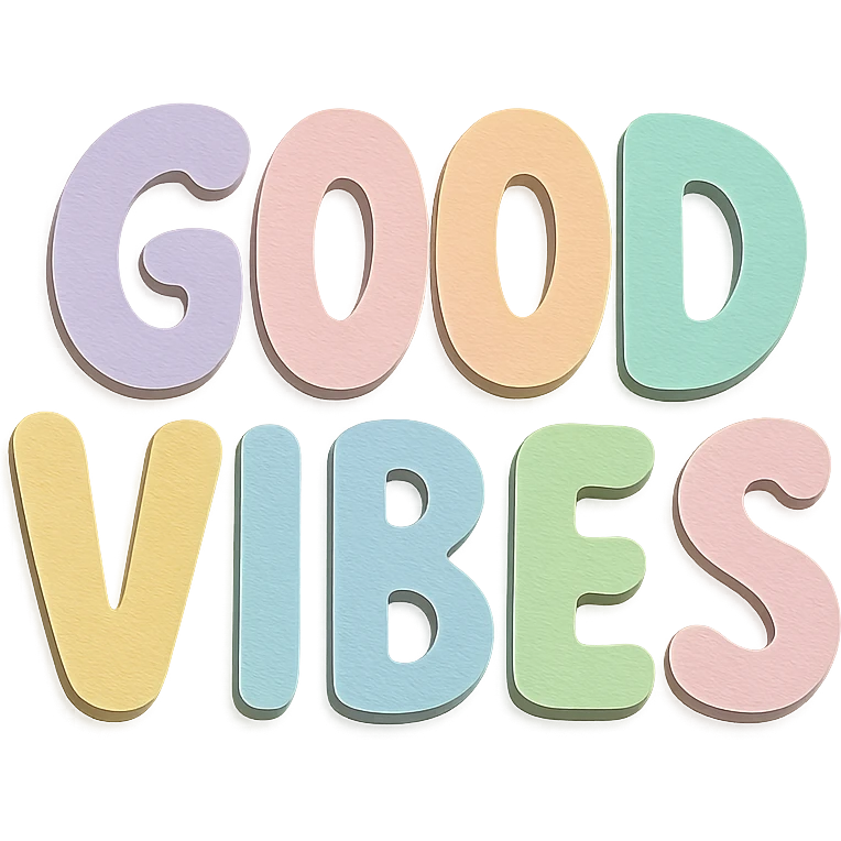 kawaii chubby hand-drawn 'Good Vibes' lettering in soft pastel rainbow colors, high resolution, no outline, sticker design emoji