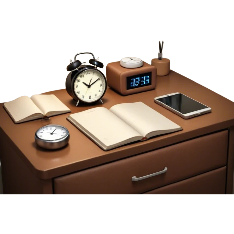 A dimly lit bedroom with a person sleeping. On a nightstand, there's  there’s a small alarm clock and a closed journal. In the background, a clean and tidy kitchen is visible, symbolizing a fresh start for the morning. The scene gives off a feeling of calm, intention, and preparation. emoji