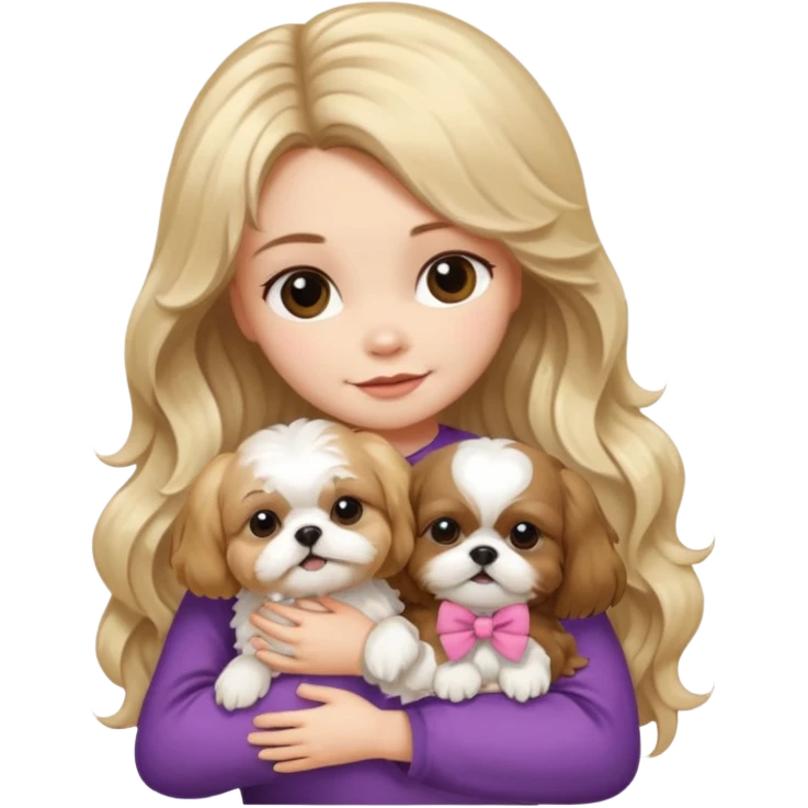 a girl with long, wavy brunette hair hugging a Shih Tzu with blonde fur and a cute bow emoji