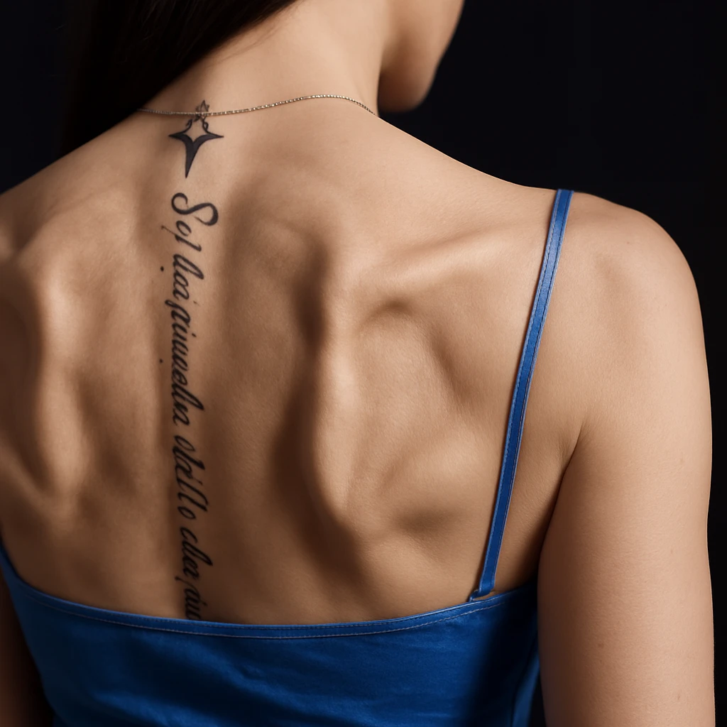 Add detailed scapulae on the woman's back in a realistic style with lighting that highlights the bone structure. The image should emphasize the 3D form and texture of the scapulae. emoji