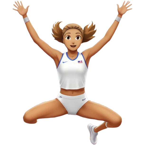 An icon featuring a female high jumper in mid-air, gracefully clearing a bar on a track. She wears a white athletic uniform and appears focused, with the background showcasing a vibrant stadium with cheering spectators and bright lights. Transparent background highlights the elegance  emoji