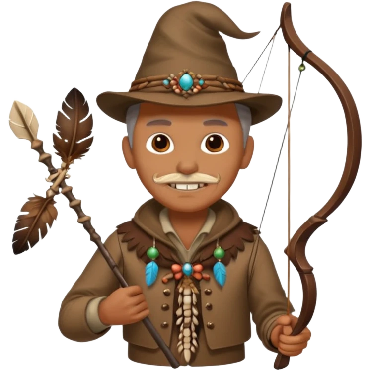 The classic image of a middle-aged uncle hunter carrying a bow, dressed in brown clothes, with some ornaments made of feathers, bones or teeth on his body. emoji