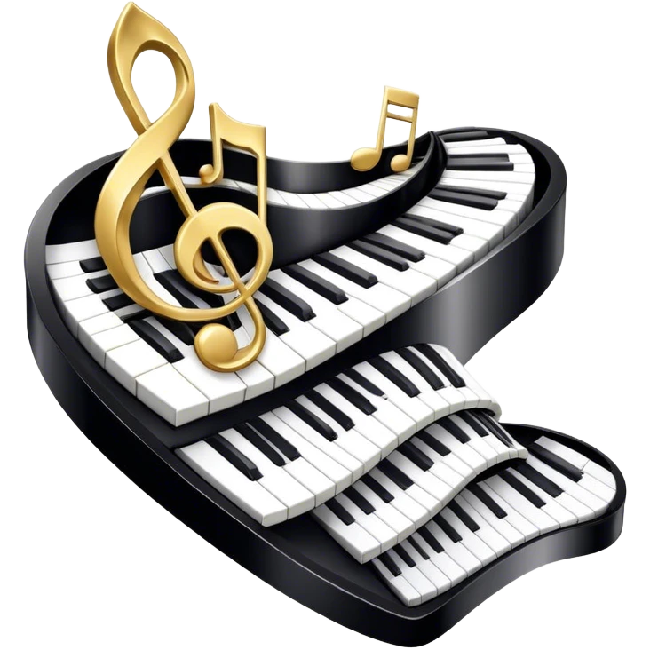 Create a detailed and elegant emoji collage representing keyboard instruments in a celebratory and professional style, reminiscent of a coat of arms. The design should feature a central arrangement of black and white piano keys, forming a symmetrical, powerful image. Around the keys, include a flowing ribbon of musical notes that intertwines with the keys, creating a sense of movement and harmony. Use gold and silver accents to highlight the keys and musical notes, giving the design a festive, high-quality appearance. The design should convey professionalism, elegance, and a sense of occasion. Add subtle reflections on the piano keys to enhance the polished look. The background should be transparent. emoji