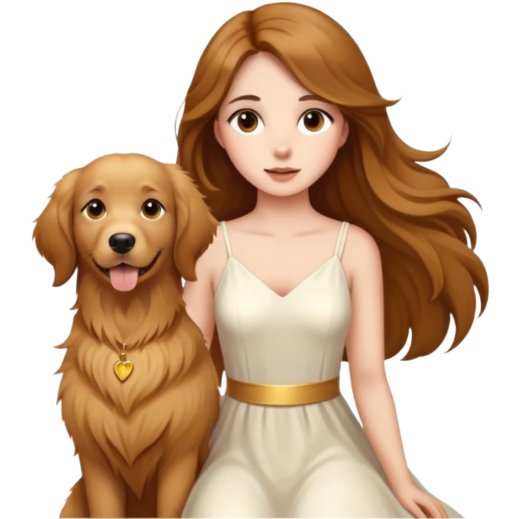 A beautiful girl with big eyes, fair skin, long brown hair with white dress and a Golden Retriever emoji