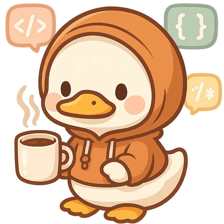 cute duck in hoodie holding steaming cup of coffee surrounded by code snippets emoji