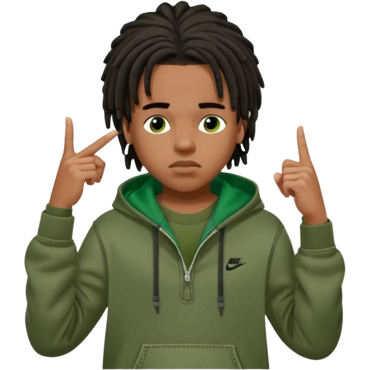 African American boy with short black dreadlocks wearing a green Nike hoodie wearing denim skinny jeans and timberland boots with finger point to his head indicating his thinking and intelligence emoji