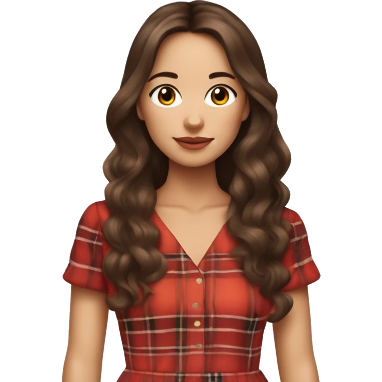 Pretty peach skin brunette woman with long hair and rosy cheeks in red plaid babydoll dress emoji