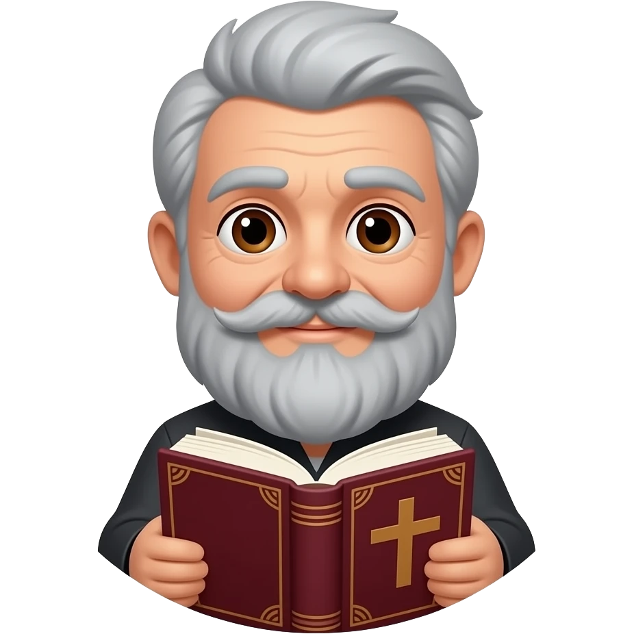 wise old man with grey hair slight smile brown eyes beard with burgundy book that has a cross on it no circle emoji
