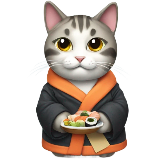 cat wearing a big coat eating sushi emoji