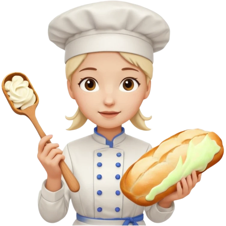 Young female baker - white chef hat, holding cream piping bag to milk oil on bread emoji