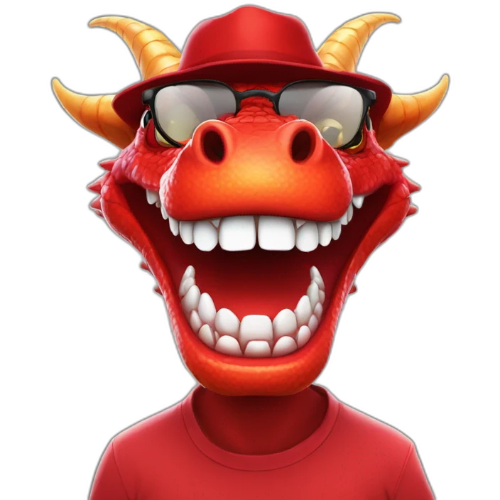 Crazy funny red dragon head with human white teeth and beautiful smile wearing glasses and hat emoji
